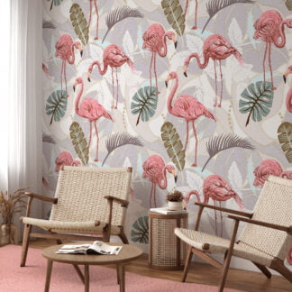 Flamingolarla Yaprak İllüstrasyonlu Duvar Kağıdı, Zarif Pembe Flamingo ve Palmiye Yaprakları Duvar Posteri Hayvan Motifli Duvar Kağıtları