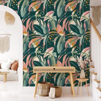 Soyut Egzotik Büyük Yapraklar Duvar Kağıdı, Modern Sanatsal Yaprak Tasarımı 3D Duvar Posteri Tropikal Duvar Kağıtları