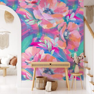 Büyük Soyut Çiçekli Boyanmış Efekt Duvar Kağıdı, Canlı Sulu Boya Çiçekleri Duvar Posteri Çiçekli Duvar Kağıtları