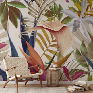 Renkli Tropik Çiçekler ve Cennet Kuşları Duvar Kağıdı, Çağdaş Doğa Esintili 3D Duvar Posteri Çiçekli Duvar Kağıtları