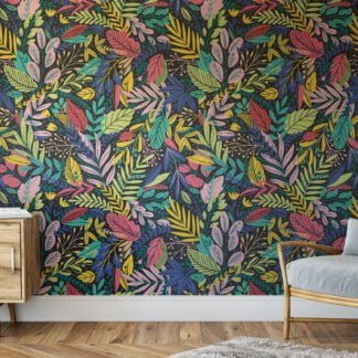 Koyu Arka Planlı Renkli Yapraklar Duvar Kağıdı, Egzotik Botanik Duvar Kağıdı Yaprak Desenli Duvar Kağıtları