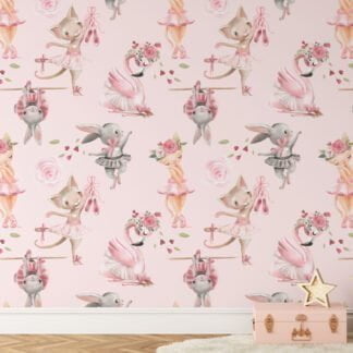 Sulu Boya Tatlı Pembe Prenses Balerin Tavşan ve Kediler Duvar Kağıdı, Bale Hayvanları 3D Duvar Posteri Bebek Odası Duvar Kağıtları