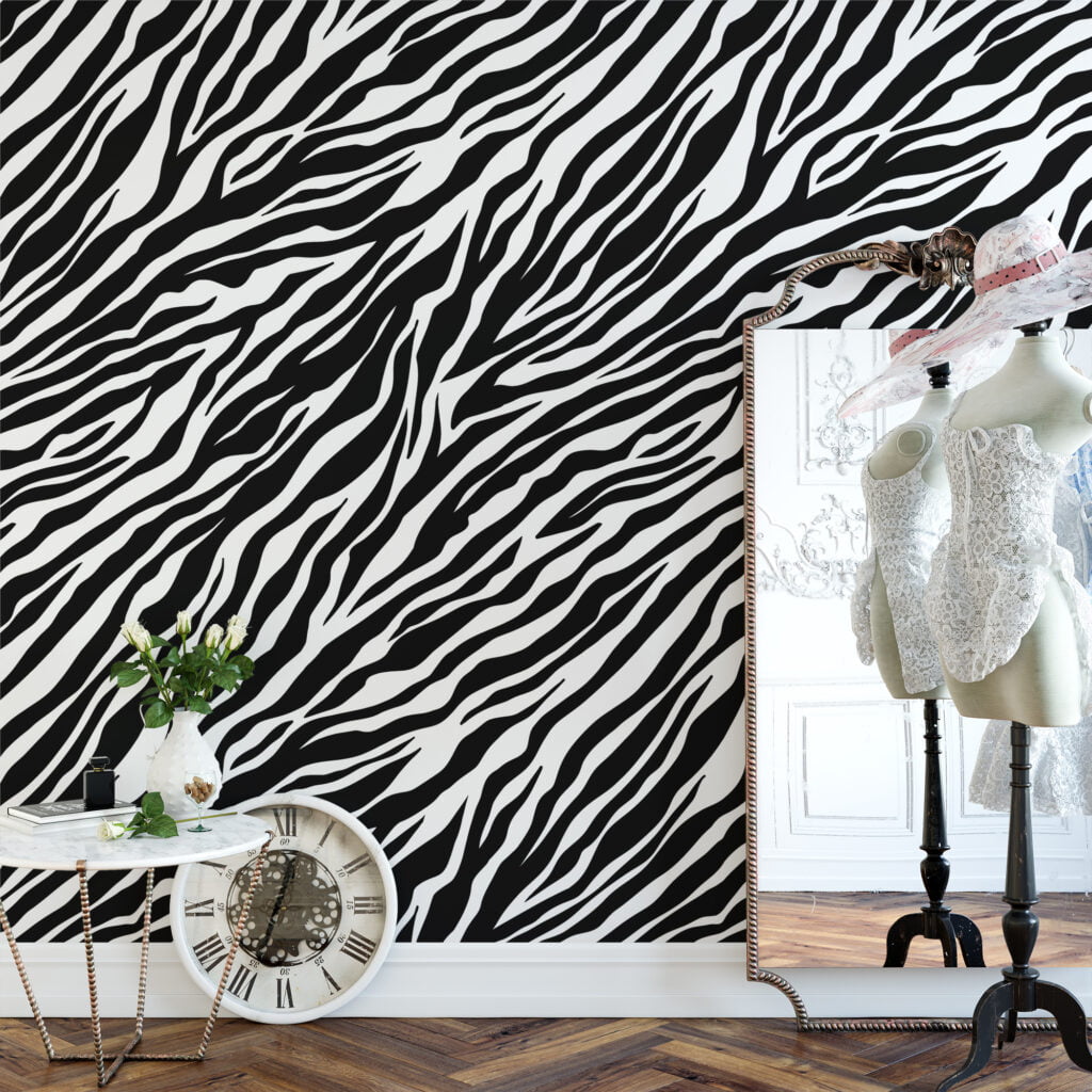 Zebra Derisi Baskı Deseni Duvar Kağıdı, Klasik Siyah & Beyaz Çizgili Tasarım 3D Duvar Kağıdı Hayvan Motifli Duvar Kağıtları 2