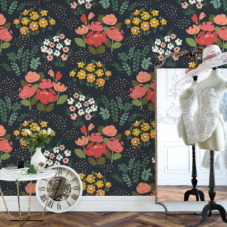 Gece Yarısı Çiçek ve Buketler Duvar Kağıdı, Siyah Fonda Vintage Buketler Duvar Posteri Çiçekli Duvar Kağıtları