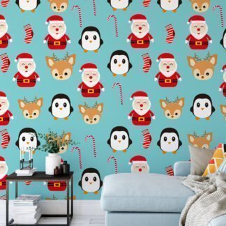 Noel Temalı İkonlar Noel Baba Duvar Kağıdı, Neşeli Noel Karakterleri 3D Duvar Posteri Bebek Odası Duvar Kağıtları