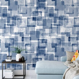 Sulu Boya Tarzı Mavi Kareler Geometrik Duvar Kağıdı, Sanatsal Kübist 3D Duvar Posteri Geometrik Duvar Kağıtları