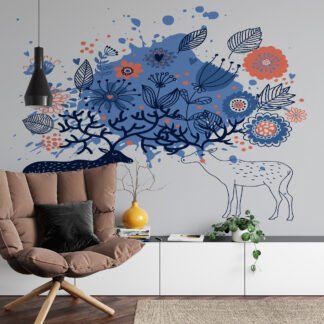 Mavi ve Turuncu Çiçekli Geyik İllüstrasyon ve Line Art Duvar Kağıdı Çiçekli Duvar Kağıtları