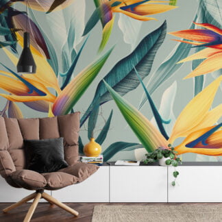 Tropik Nane Renkli Cennet Kuşları Çiçekleri Duvar Kağıdı, Abstract Tropik Yaprak Desenli Duvar Posteri Çiçekli Duvar Kağıtları