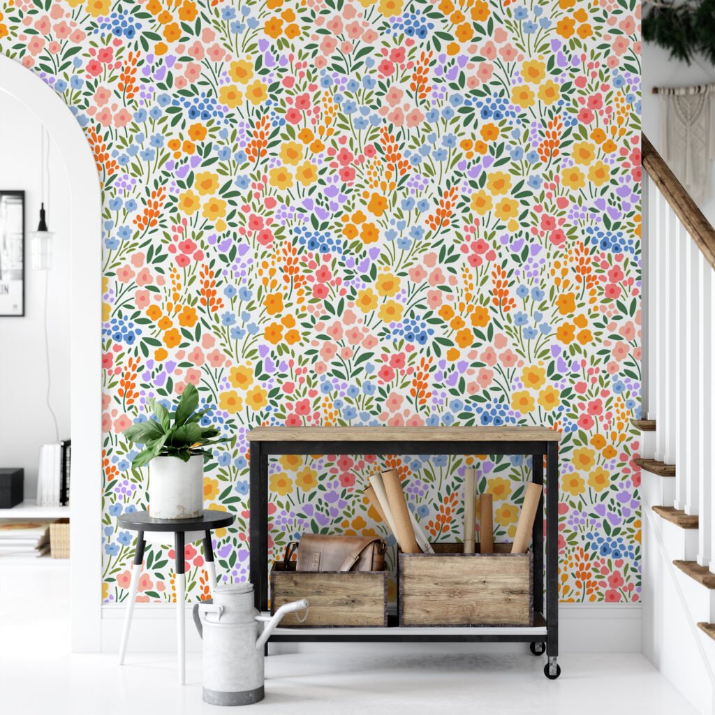 Renkli Küçük Çiçek Desenli Duvar Kağıdı, Canlı Çiçek Bahçesi Duvar Posteri Çiçekli Duvar Kağıtları 4