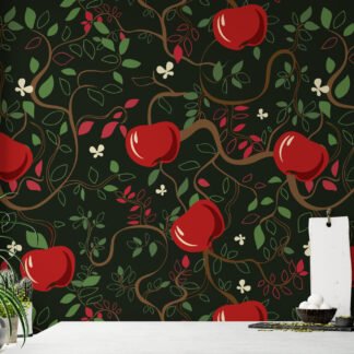 Karanlık Zemin Üzerinde Soyut Elmalarla Ağaç Duvar Kağıdı, Sihirli Elma Bahçesi Duvar Posterleri Çocuk Odası Duvar Kağıtları