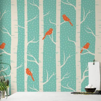 Karlı Ağaçlar ve Kuşlarla Soyut Duvar Kağıdı, Cıvıl Kuşlarla Huş Ormanı Duvar Posteri Hayvan Motifli Duvar Kağıtları