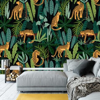 Retro Tropikal İllüstrasyonlarla Leoparlar Duvar Kağıdı, Egzotik Orman İlhamı Tropikal 3D Duvar Posteri Hayvan Motifli Duvar Kağıtları