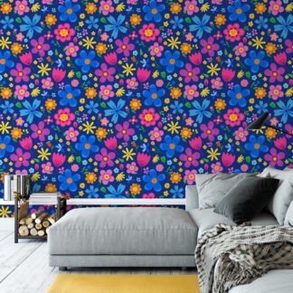 Canlı Renkli Halk Sanatı Çiçek İllüstrasyonu Duvar Kağıdı, Neşeli Çayır Çiçekli Duvar Posteri Çiçekli Duvar Kağıtları