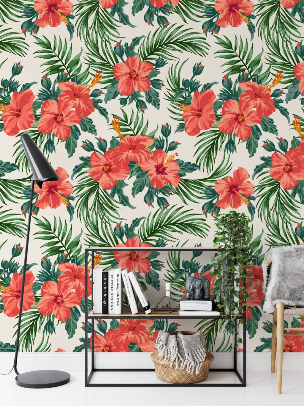 Şeftali Pembe Çiçek ve Yaprak Desenli Duvar Kağıdı Tasarımı, Yemyeşil Tropik Duvar Posteri Çiçekli Duvar Kağıtları 3