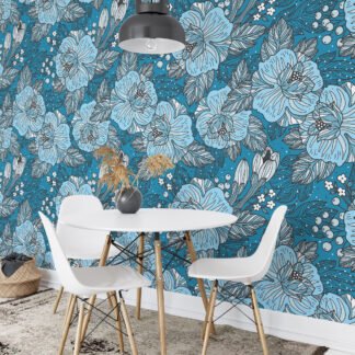 Mavi Renkli Çerçeveli Çiçek Desenli Duvar Kağıdı, Mavi Çiçek Tasarımı 3D Duvar Posteri Çiçekli Duvar Kağıtları