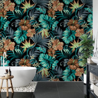 Siyah Arka Plan Üzerinde Tropikal Yapraklar ve Çiçekler Duvar Kağıdı, Egzotik Yeşil ve Kahverengi Flora Duvar Posteri Çiçekli Duvar Kağıtları