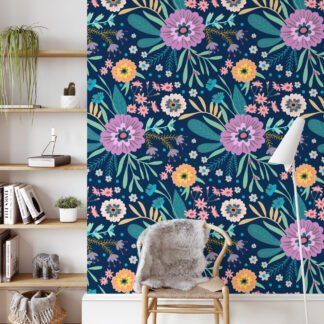 Floral Halk Sanatı Çiçekleri ve Koyu Zeminli Duvar Kağıdı, Büyülü Lacivert Bahçe 3D Duvar Posteri Çiçekli Duvar Kağıtları