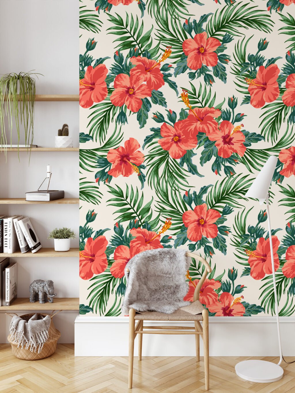 Şeftali Pembe Çiçek ve Yaprak Desenli Duvar Kağıdı Tasarımı, Yemyeşil Tropik Duvar Posteri Çiçekli Duvar Kağıtları 6