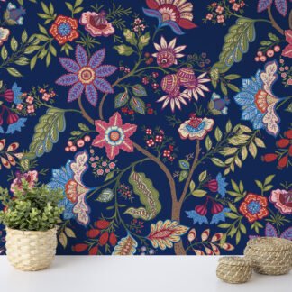 Renkli Floral Paisley Duvar Kağıdı, Lacivert Bahçe Duvar Posteri Çiçekli Duvar Kağıtları