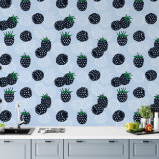 Siyah Dut Desenli Duvar Kağıdı, Eğlenceli Mavi Üzerinde Dutlar 3D Duvar Kağıdı Yiyecek & İçecek Duvar Kağıtları