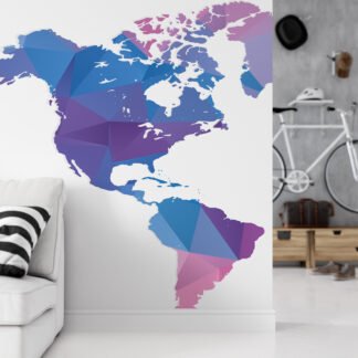 Pembe Mavi Mor Renkli Geometrik Şekilli Dünya Haritası Duvar Kağıdı, Modern Soyut Harita 3D Duvar Posteri Geometrik Duvar Kağıtları