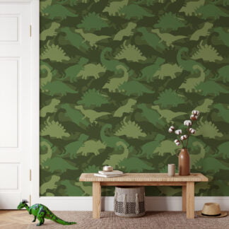 Yeşil Kamuflaj Dinozor Silüeti Duvar Kağıdı, Çocuk Odası Duvar Posteri Çocuk Odası Duvar Kağıtları