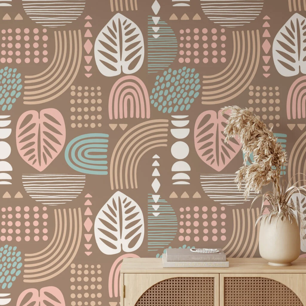 Pastel Renkli Nötr Boho Duvar Kağıdı, Modern Geometrik Soyutlama Duvar Posteri Çiçekli Duvar Kağıtları 2