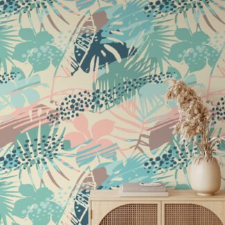 Yaz Esintileri Retro Renkli Tropikal Duvar Kağıdı, Soft Pastel 3D Duvar Posteri Tropikal Duvar Kağıtları