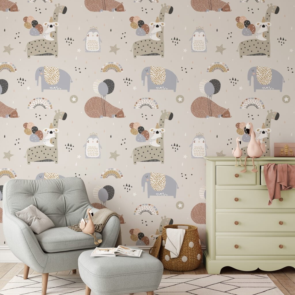 Tatlı Uyuyan Hayvanlarla Soft Renkler Duvar Kağıdı, Hayvan Desenli Çocuk Odası 3D Duvar Posteri Bebek Odası Duvar Kağıtları 2