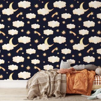 Sulu Boya Ay Gece Bulutları ve Yıldızlar Duvar Kağıdı, Gece Gökyüzü 3D Duvar Posteri Bebek Odası Duvar Kağıtları