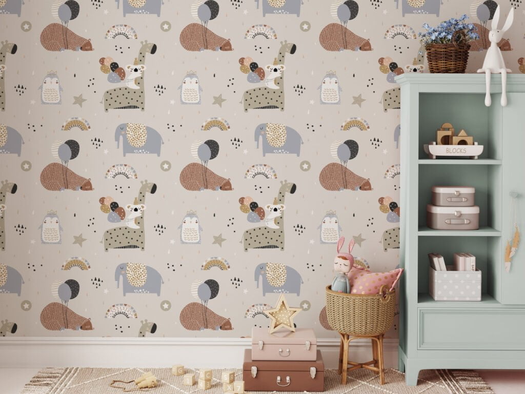 Tatlı Uyuyan Hayvanlarla Soft Renkler Duvar Kağıdı, Hayvan Desenli Çocuk Odası 3D Duvar Posteri Bebek Odası Duvar Kağıtları 5