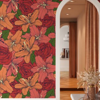 Renkli Retro Çizgili Kırmızı Güller ve Çiçekler Duvar Kağıdı, Canlı Gül ve Zambak Çiçeği Duvar Posteri Çiçekli Duvar Kağıtları