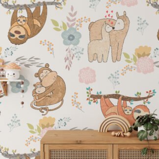 Hayvan Desenli Çocuk Odası Duvar Kağıdı, Dinlenen Hayvan Figürleri 3D Duvar Posteri Bebek Odası Duvar Kağıtları