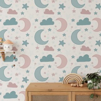 Bebek Odası Yıldız Ay ve Bulutlar Duvar Kağıdı, Rüya Gibi Ay ve Bulutlar 3D Duvar Posteri Bebek Odası Duvar Kağıtları
