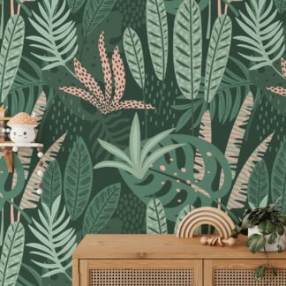 Tropikal Yeşil Flat Art Yapraklar Duvar Kağıdı, Doğa Temalı Tropikal 3D Duvar Posteri Tropikal Duvar Kağıtları