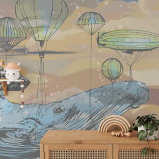Bulutlar Arasında Büyük Mistik Balina ve Sıcak Hava Balonları Duvar Kağıdı, Rüya Gibi Yıldızlı Çocuk Odası Duvar Posteri Bebek Odası Duvar Kağıtları