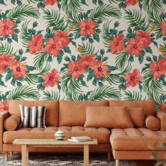 Şeftali Pembe Çiçek ve Yaprak Desenli Duvar Kağıdı Tasarımı, Yemyeşil Tropik Duvar Posteri Çiçekli Duvar Kağıtları