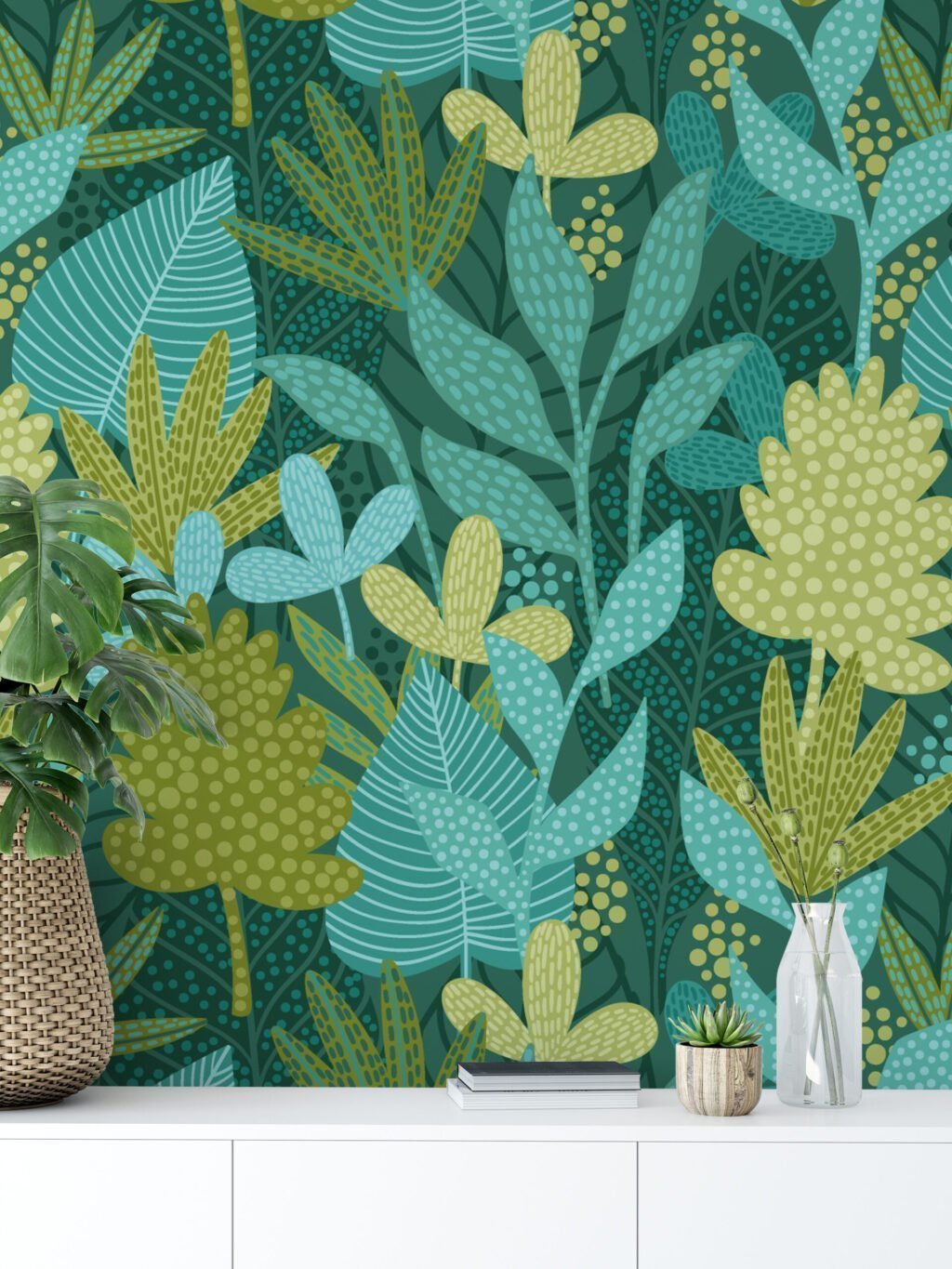 Flat Art Yeşil Tonlu Bitkiler Duvar Kağıdı, Büyülü Tropikal Orman 3D Duvar Posteri Tropikal Duvar Kağıtları 6