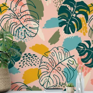 Soyut Line Art Monstera Yaprakları Tasarım Duvar Kağıdı, Tropikal Yaprak Deseni Duvar Kağıdı Tropikal Duvar Kağıtları