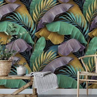 Koyu Arka Plan Üzerinde Büyük Renkli Tropikal Yapraklar Duvar Kağıdı, Lüks Tropikal 3D Duvar Posteri Tropikal Duvar Kağıtları
