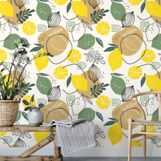 Limon ve Yapraklarla Line Art Duvar Kağıdı, Turunçgil Tasarımı Duvar Posteri Çiçekli Duvar Kağıtları