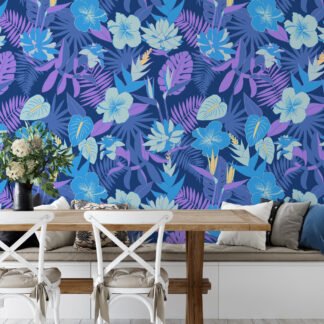 Mavi ve Mor Renkli Çiçekli Duvar Kağıdı, Canlı Tropik Gece Çiçekleri 3D Duvar Kağıdı Çiçekli Duvar Kağıtları
