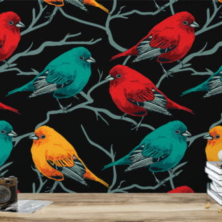 Retro Kuş Desenli Duvar Kağıdı, Siyah Zemin Üzerinde Şarkı Kuşları Duvar Posteri Hayvan Motifli Duvar Kağıtları