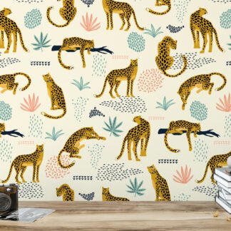 Leoparlar ve Tropikal Yapraklar Flat Art Tasarım Duvar Kağıdı, Leoparlar Duvar Posteri Hayvan Motifli Duvar Kağıtları