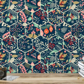 Altıgen Desenli Tatil Yaprakları Duvar Kağıdı, Geometrik Botanik Mozaik Duvar Posteri Çiçekli Duvar Kağıtları