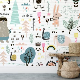Kâğıt Üzerine Tatlı Karalama İkonları Duvar Kağıdı, Masalsı Orman Çizimleri 3D Duvar Posteri Bebek Odası Duvar Kağıtları