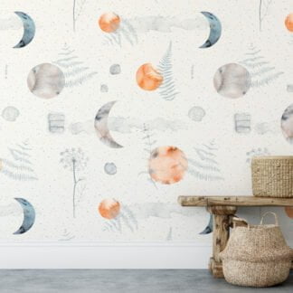 Sulu Boya Stili Ay Deseni Duvar Kağıdı, Göksel Ay Evreleri 3D Duvar Posteri Bebek Odası Duvar Kağıtları