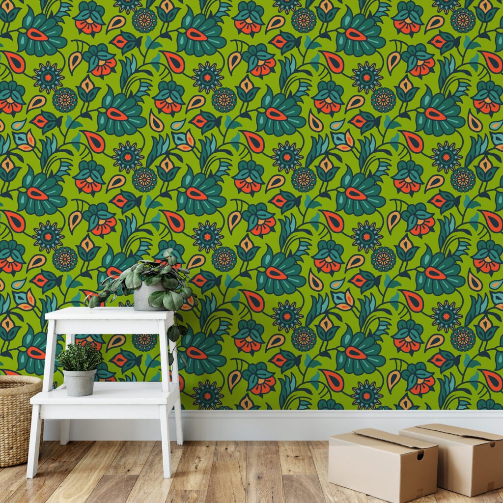 Flat Art Yeşil Çiçek Duvar Kağıdı, Canlı Retro Bahçe 3D Duvar Posteri Çiçekli Duvar Kağıtları 5