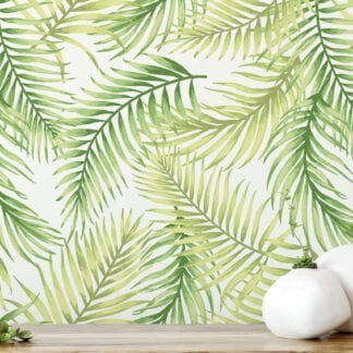 Beyaz Arka Planlı Hafif Yeşil Yapraklar Duvar Kağıdı, Canlı Palmiye Yaprakları Duvar Kağıdı Yaprak Desenli Duvar Kağıtları