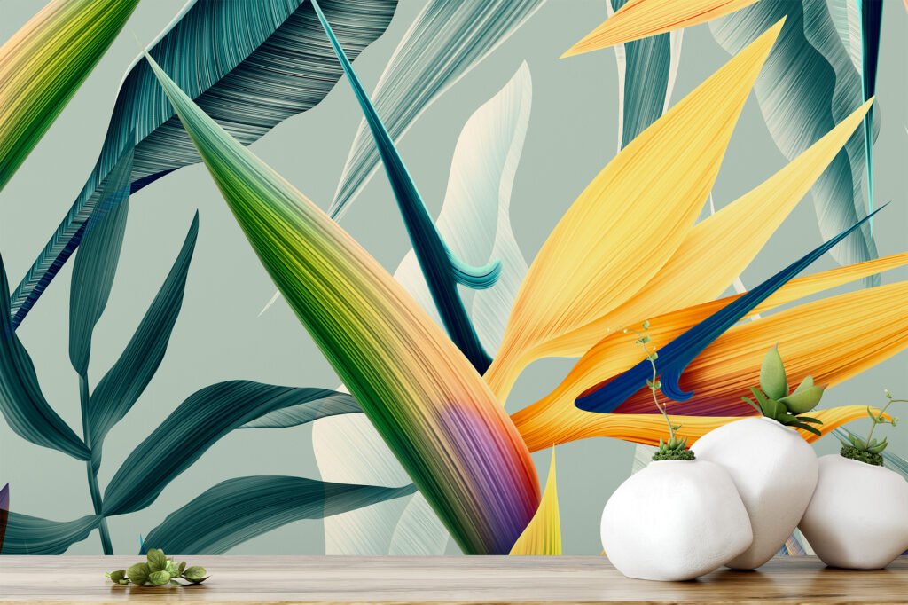 Tropik Nane Renkli Cennet Kuşları Çiçekleri Duvar Kağıdı, Abstract Tropik Yaprak Desenli Duvar Posteri Çiçekli Duvar Kağıtları 3
